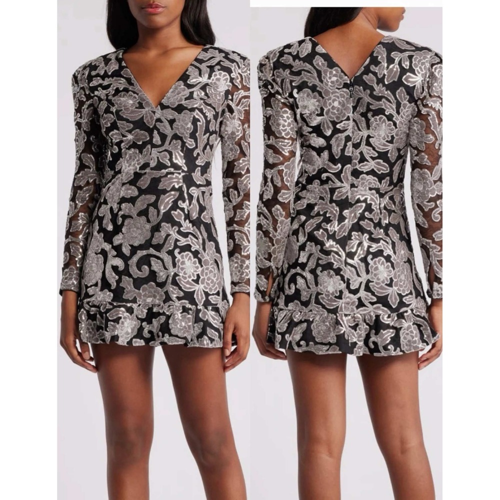 Dress The Population Black Silver Floral Sequin Velvet Mini Dress V-Neck Ruffle